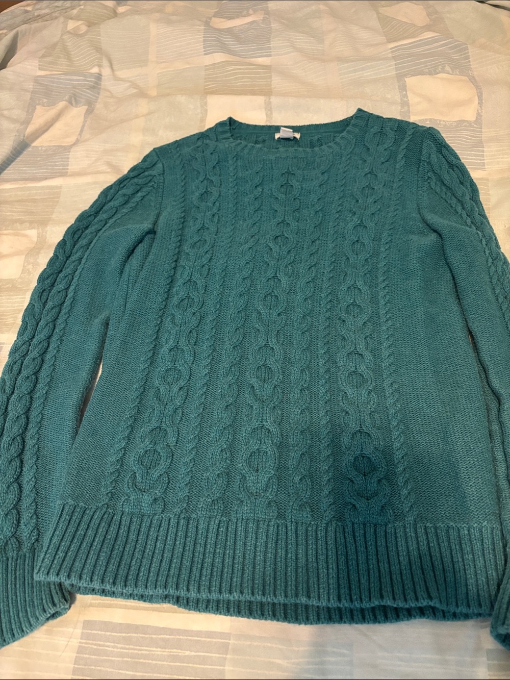 🟡 Women's L.L.Bean Double L 100% Cotton Cable Crewneck Sweater EUC Green Size S - Picture 2 of 9